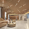Modern Reception Area Front Desk With Curved Wooden Ceiling Round Coffee Tables And Sofa Seating