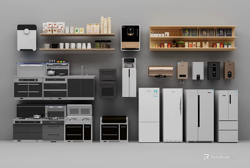 Various Modern Kitchen Appliances Including Refrigerators Ovens Microwaves And Coffee Makers 3d model 