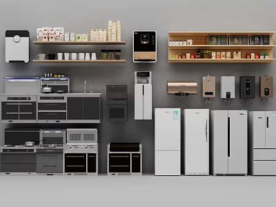 Various Modern Kitchen Appliances Including Refrigerators Ovens Microwaves And Coffee Makers 3d model