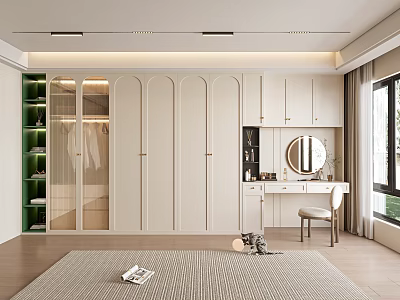 Modern Wardrobe Interior Design With White Cabinets Glass Doors Green Storage Area Dressing Table Mirror 3d model