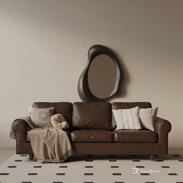 Brown Leather Three Seater Sofa With Pillows Blanket And Black Irregular Mirror On Beige Wall 3d model 