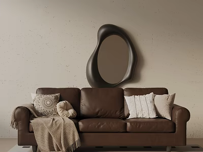 Brown Leather Three Seater Sofa With Pillows Blanket And Black Irregular Mirror On Beige Wall 3d model