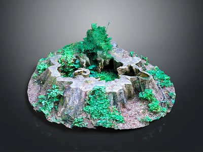 Rustic Wood Stone Landscape Decoration Featuring Tree Stump And Green Plants 3d model
