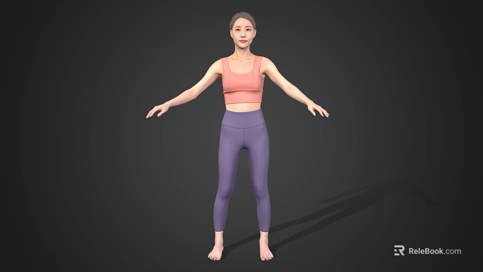 Woman wearing pink sports bra and purple leggings barefoot with arms outstretched against dark background 3d model 