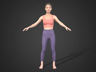 Woman wearing pink sports bra and purple leggings barefoot with arms outstretched against dark background 3d model