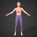 Woman wearing pink sports bra and purple leggings barefoot with arms outstretched against dark background