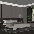 Modern Bedroom With Dark Headboard Wall Vertical Striped Accent Wall Lights Pillows And Soft Lighting