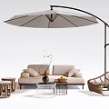 Stylish Outdoor Sofa with Garden Parasol Coffee Table Rattan Chair and Decorative Cushions