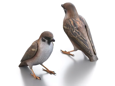 Two Sparrows 3D Models Standing on White Background with Clear Reflections 3d model