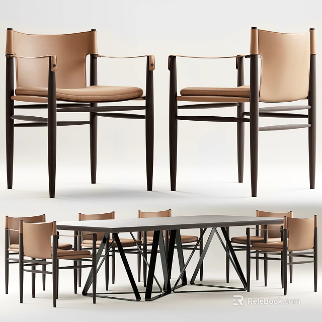 Modern Dining Table Set With Leather Seats Chairs And Black Metal Frame 3d model 