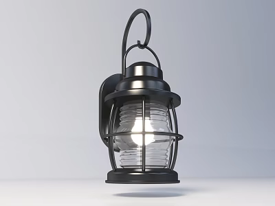 Vintage Lantern Style Wall Lamp With Black Metal Frame And Glass Shade Illumination 3d model