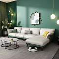 Multi Person Sofa In Cream With Green Accents And Decorative Cushions Against Green Wall