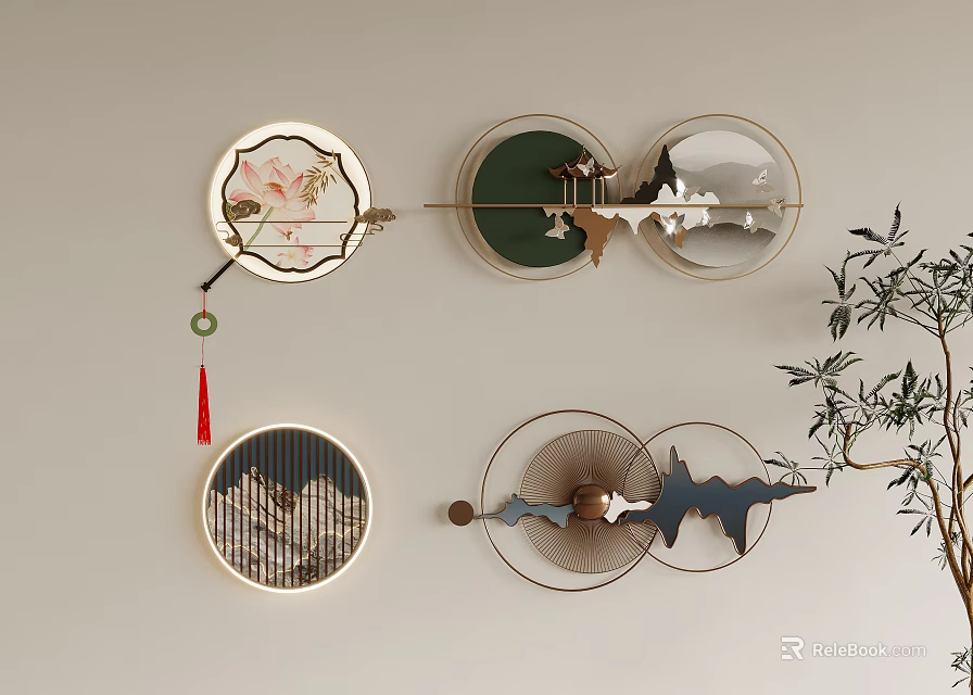 Oriental Circular Wall Decor With Metal Frames Floral Landscape Bat Shaped Designs Green Plant Accents 3d model 