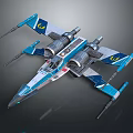 Blue and White Cosmic Starfighter With Twin Engines And Wing Weapons