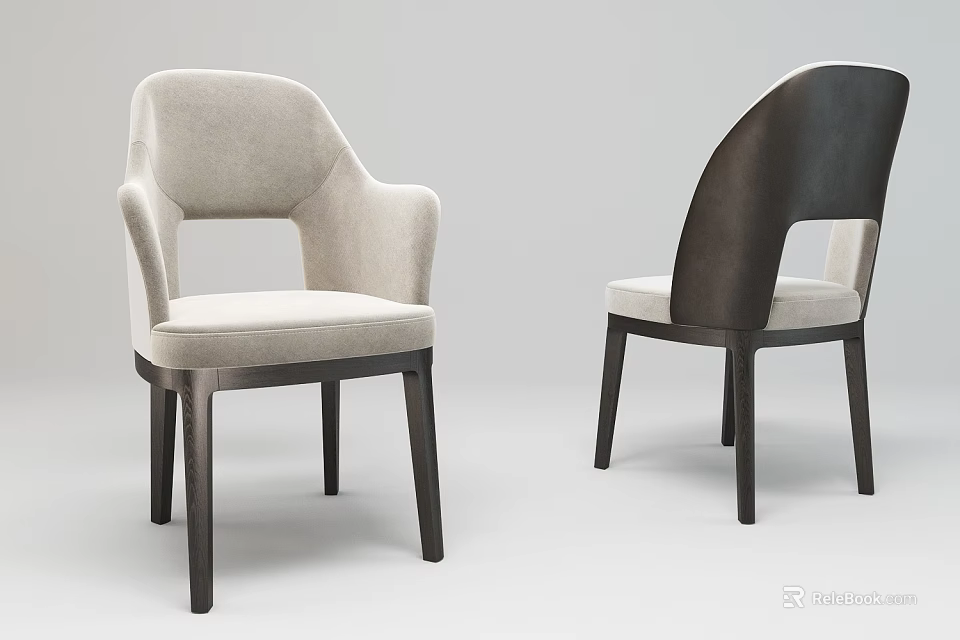 Upholstered Dining Chairs In Light Gray And Dark Brown With Wooden Legs Armrest And Armless 3d model 