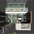 Modern Bubble Tea Shop Interior With Green Chairs Counter Seating And Lighting Fixtures