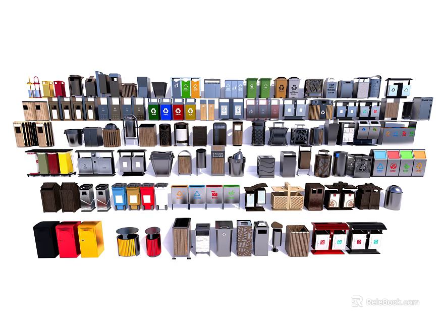 Public Facilities Various Colored Trash Bins With Different Designs And Sizes 3d model