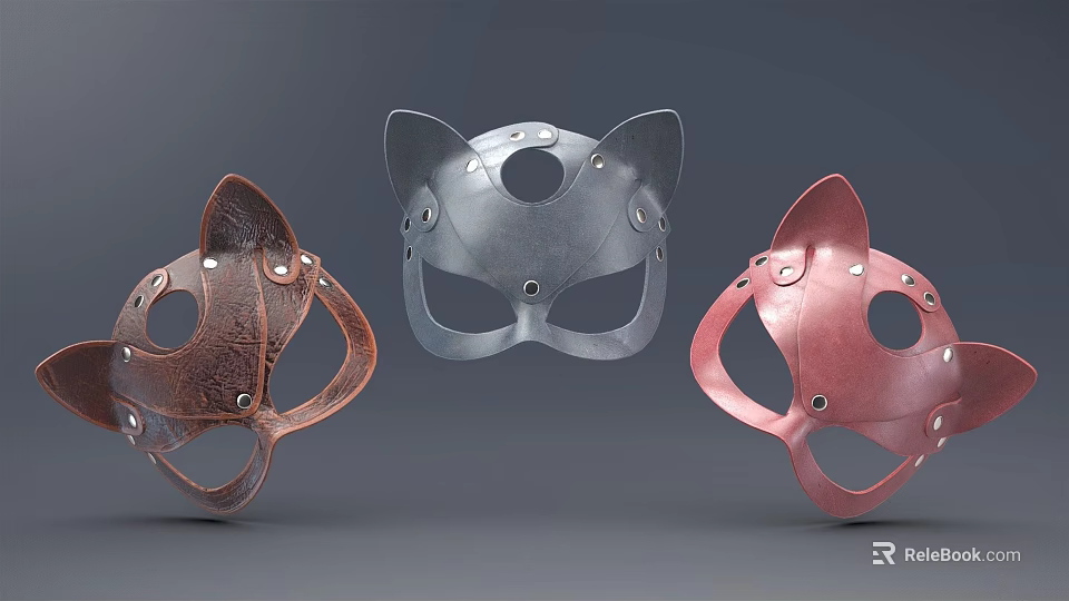Three Fashionable Cat Ear Masks In Brown Silver And Pink Leather Style 3d model 