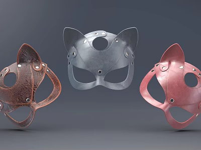 Three Fashionable Cat Ear Masks In Brown Silver And Pink Leather Style 3d model