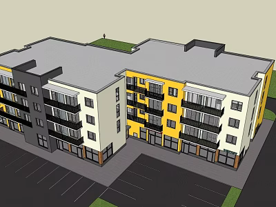 Multi Story Residential Apartment Building With Colored Facade Balconies And Parking Area 3d model
