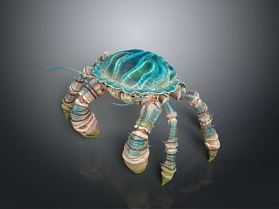 Artistic Shiny Turquoise Crab With Patterned Shell And Striped Legs On Dark Background 3d model