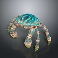 Artistic Shiny Turquoise Crab With Patterned Shell And Striped Legs On Dark Background