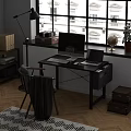 Home Office Desk And Chair Set With Laptop Monitor Keyboard And Vintage Suitcases