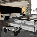 Modern Sales Office Interior Design With White Sofas Hanging Lights And Green Plants 3d model