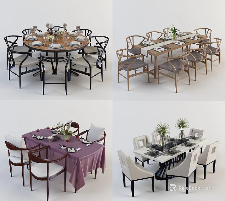 Modern Dining Table Set With Round Rectangular Tables Wooden Chairs And Decorative Vases 3d model