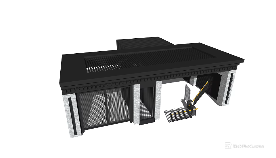 Modern Entrance Gate Design With Black Roof White Stone Pillars And Glass Doors 3d model 