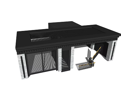 Modern Entrance Gate Design With Black Roof White Stone Pillars And Glass Doors 3d model