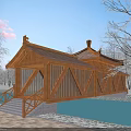 Traditional Chinese Wooden Garden Pavilion Feature Over Water With Trees