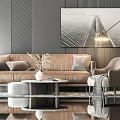 Modern Brown Leather Sofa and Coffee Table Set With Armchair Abstract Painting Gray Wall