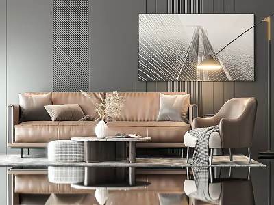 Modern Brown Leather Sofa and Coffee Table Set With Armchair Abstract Painting Gray Wall 3d model