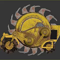 Yellow Industrial Mechanical Crawler Vehicle With Rusty Gears And Tracks
