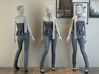 Mannequins In Strapless Tops And Pants With Wall Posters Display Setup 3d model