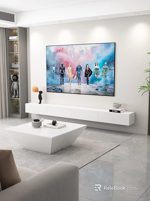 Modern White TV Stand In Living Room With Mounted TV And Decorative Items 3d model 