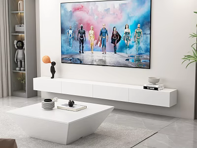 Modern White TV Stand In Living Room With Mounted TV And Decorative Items 3d model