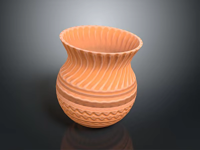 Handcrafted Orange Ceramic Vase With Wavy Carved Patterns And Geometric Designs 3d model
