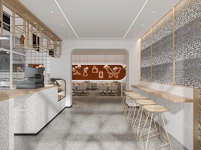 Modern Stylish Restaurant Interior With Bar Counter Pendant Lights Wooden Stools And Patterned Wall 3d model