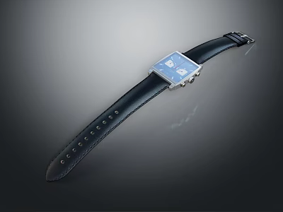 Stylish Modern Watch With Black Leather Strap And Square Metallic Dial Design 3d model