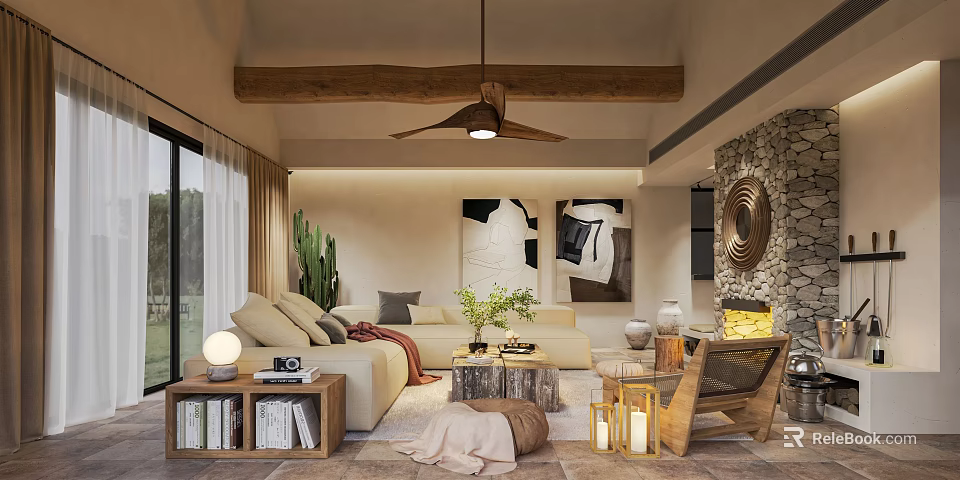 Hotel Room Interior With Wooden Ceiling Fan Comfortable Sofa Green Plants And Decorative Artworks 3d model 