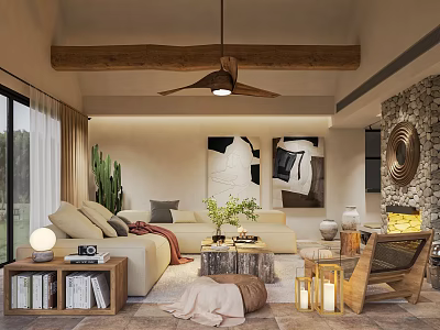 Hotel Room Interior With Wooden Ceiling Fan Comfortable Sofa Green Plants And Decorative Artworks 3d model