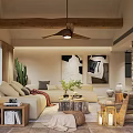 Hotel Room Interior With Wooden Ceiling Fan Comfortable Sofa Green Plants And Decorative Artworks