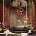 Hotel Lobby Interior With Red Walls Bar Counter Wine Shelves Bar Stools And Decorative Plants