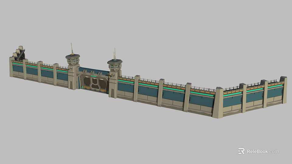 Military Defense Weapon System Featuring Fortified Walls And Watch Towers Structure 3d model 