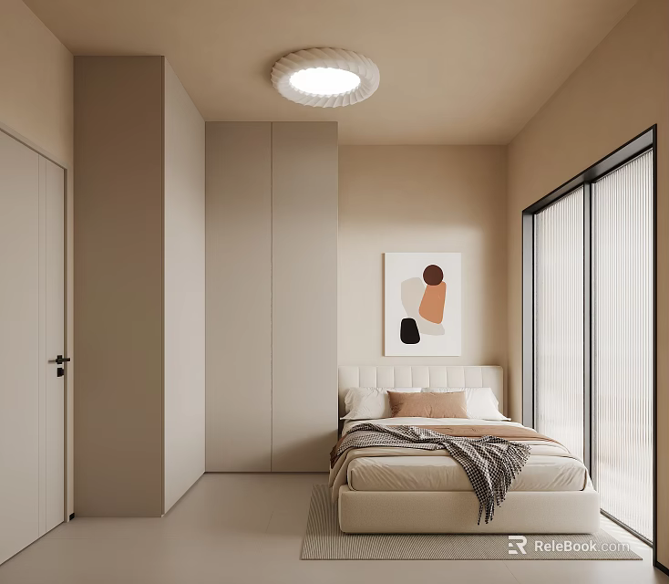 Modern Minimalist Bedroom Interior With Beige Bed Wardrobe Abstract Art And Floor To Ceiling Windows 3d model 