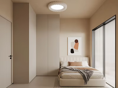 Modern Minimalist Bedroom Interior With Beige Bed Wardrobe Abstract Art And Floor To Ceiling Windows 3d model