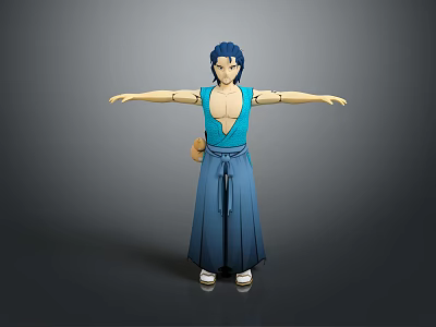 Blue Haired Anime Character 3D Model In Traditional Blue Outfit Standing With Arms Outstretched 3d model