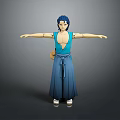 Blue Haired Anime Character 3D Model In Traditional Blue Outfit Standing With Arms Outstretched